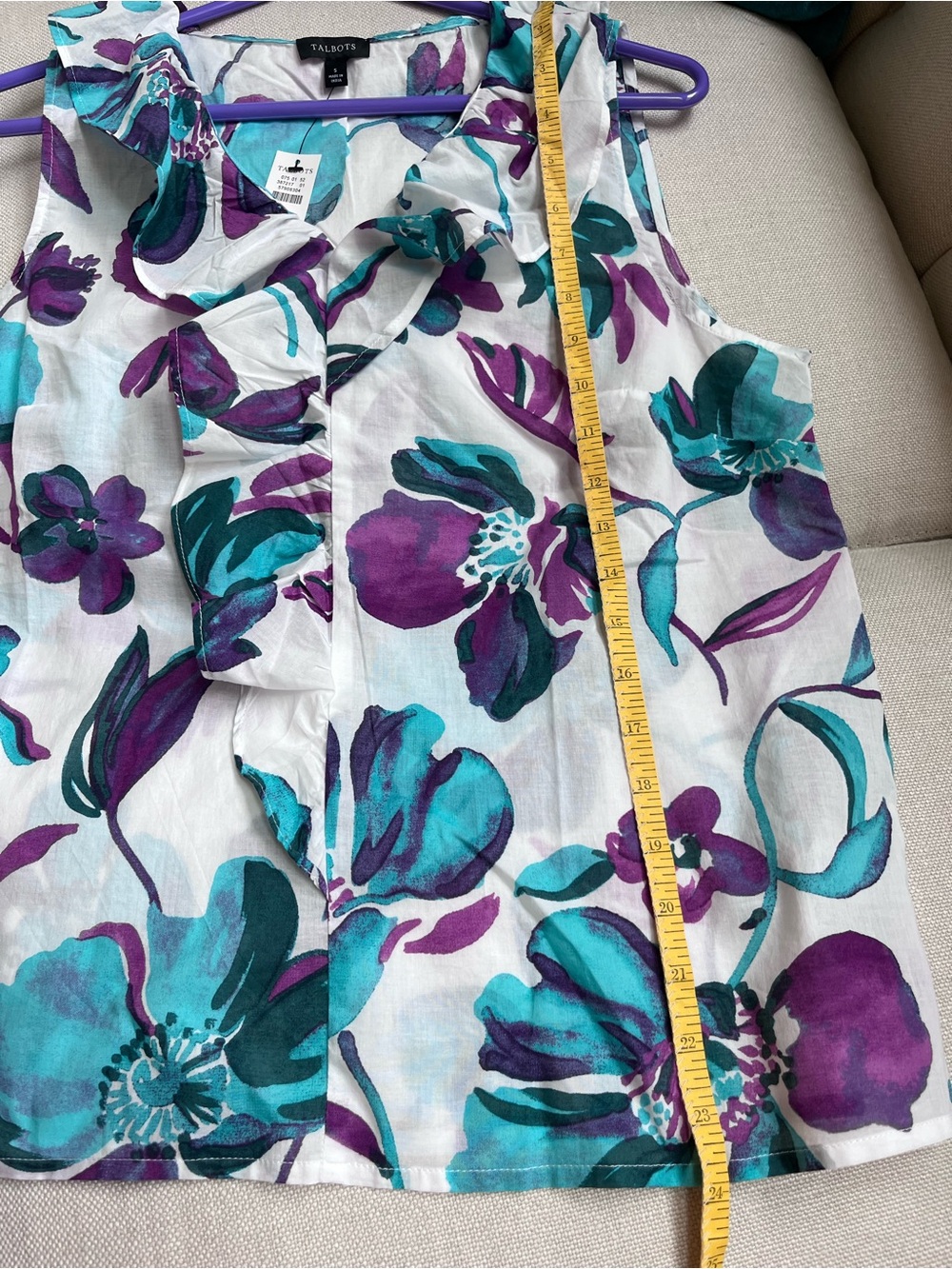 NWT Talbots sleeveless ruffle floral top-white with teal and purple floral print - Picture 7 of 10